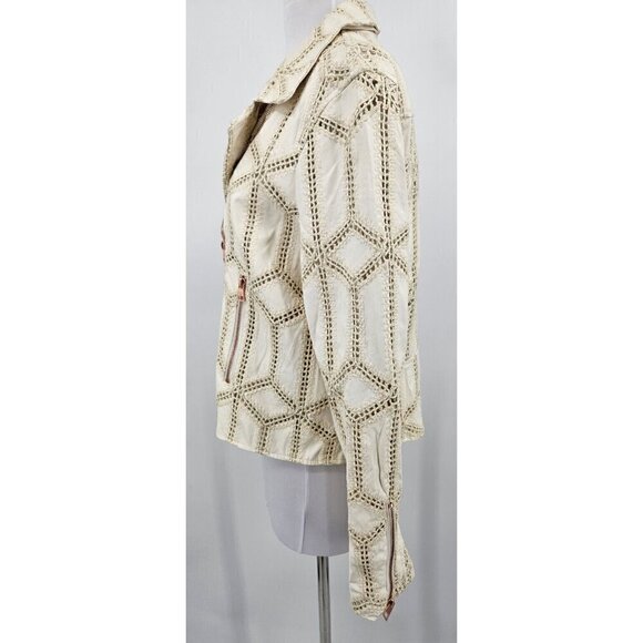 New Tahari Faux Leather Paneled Moto Jacket Womens 14 Cream - Picture 4 of 8